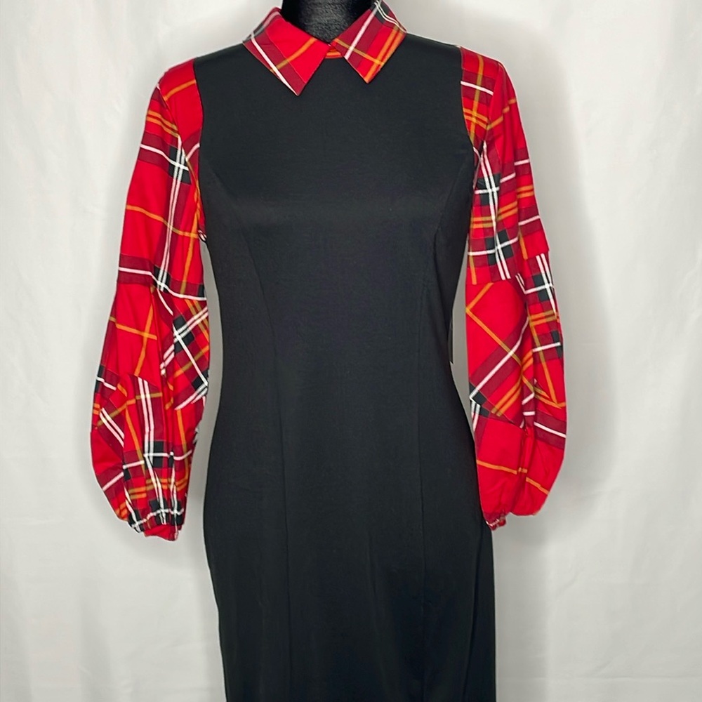 New York & Company Plaid Balloon Sleeve Dress | Size S